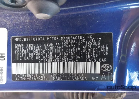 2017 Toyota Corolla L/Le/Xle/Se/Xse from USA, damaged, VIN 2T1BURHE6HC842554